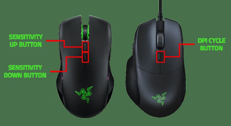 감도 높이기, 감도 낮추기, DPI 전환 버튼을 보여주는 Razer 공식 그림