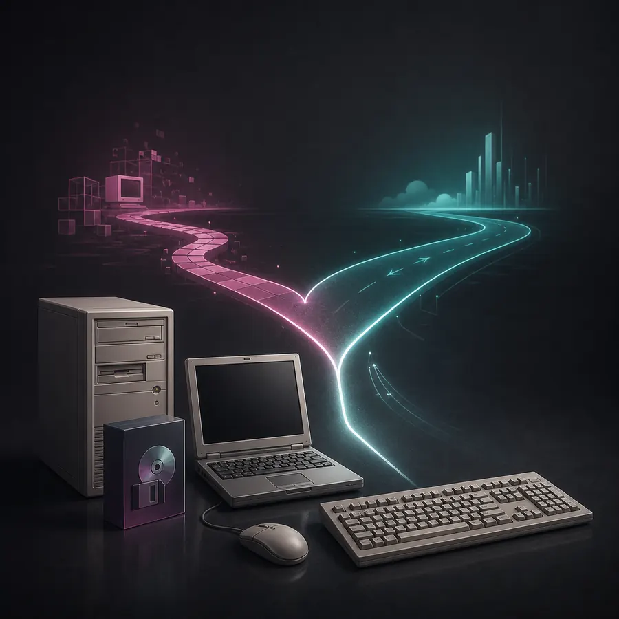 Editorial illustration of older PC and Mac hardware leading to a legacy software compatibility decision
