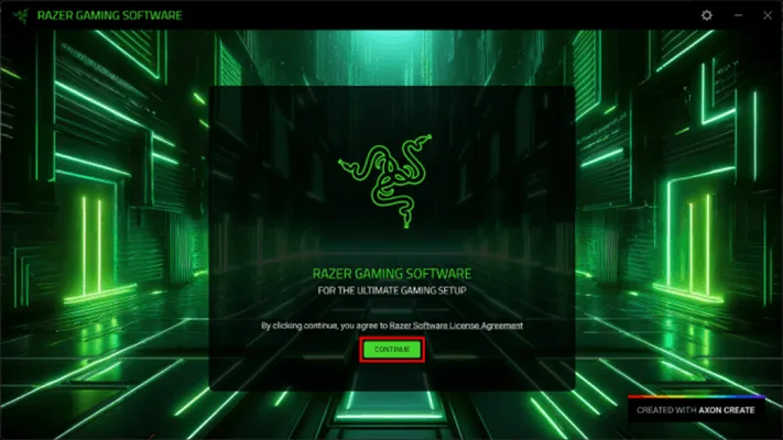 Official Razer Gaming Software installer launcher with a Continue button