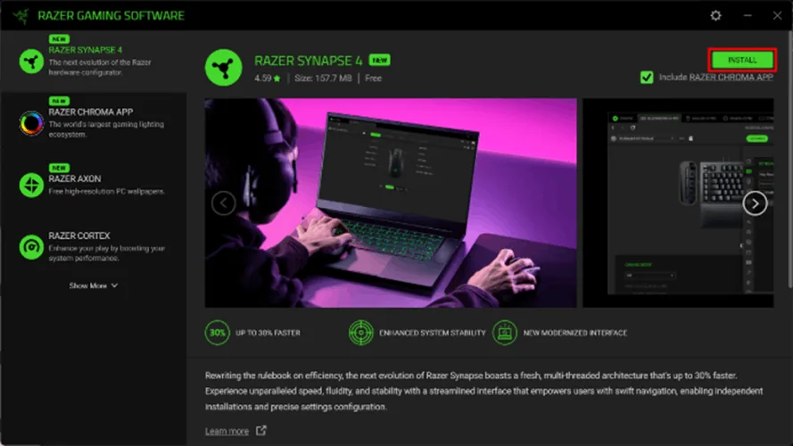 Official Razer installer showing Synapse 4 and optional modules