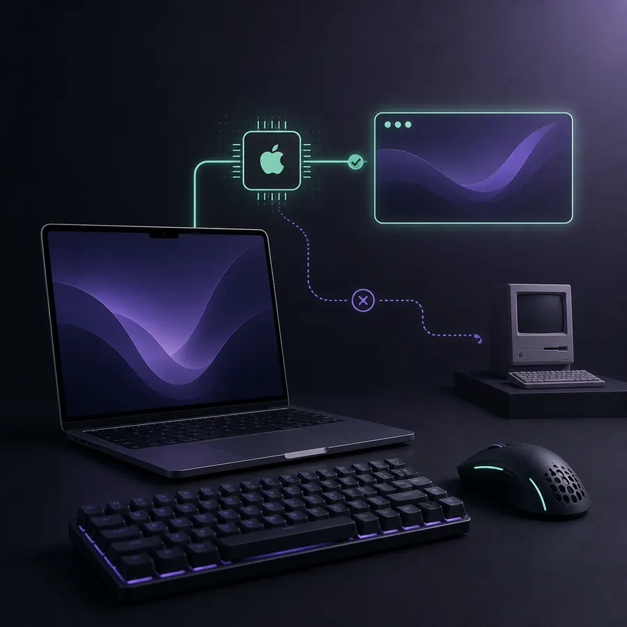 Editorial illustration of an Apple silicon laptop, gaming devices and a Mac Preview compatibility path