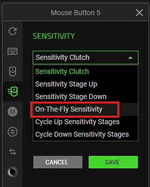 On-the-Fly Sensitivity를 보여주는 Razer Synapse 공식 할당 메뉴