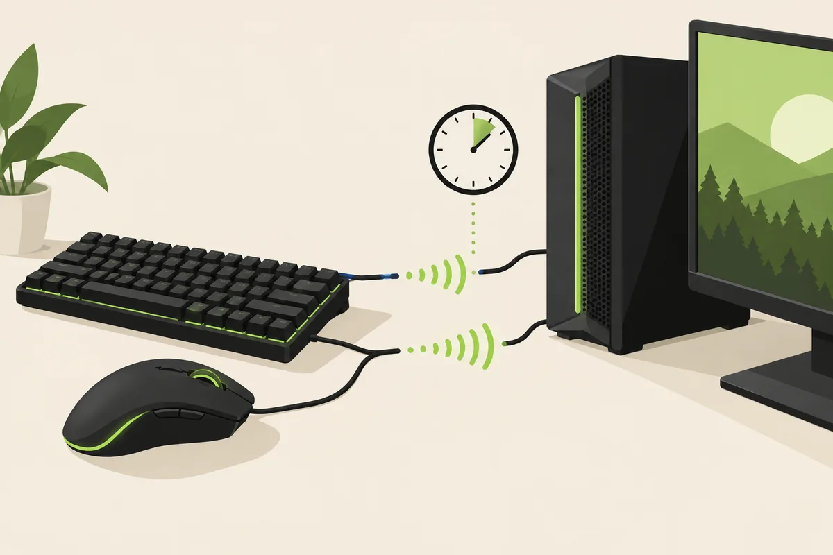 Redaktionelle Illustration einer Maus und Tastatur, die zeitgesteuerte Eingabeberichte an einen Computer senden