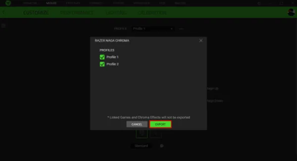 Painel de exportação de perfis do Razer Synapse
