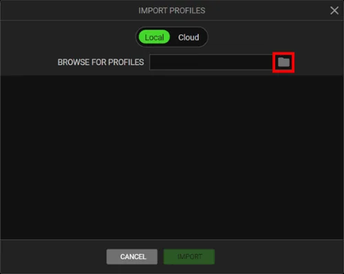 Painel de importação de perfis do Razer Synapse