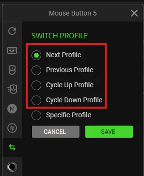 Opções de troca de perfil do Razer Synapse