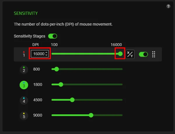 여러 DPI 값을 보여주는 Razer Synapse Sensitivity Stages 공식 패널