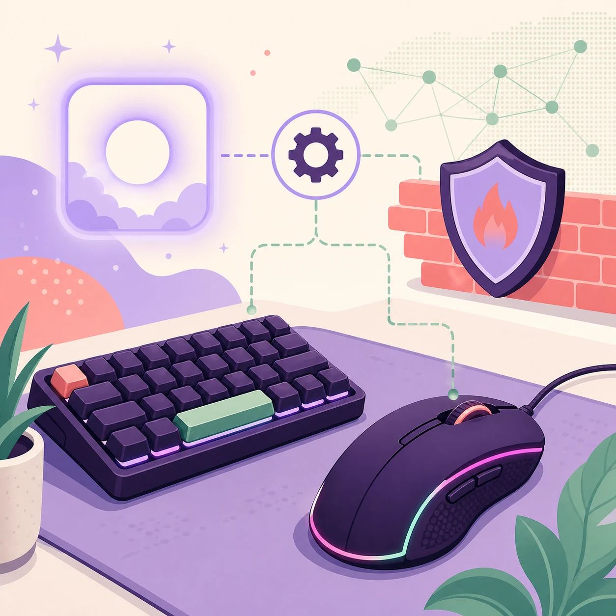 Redaktionelle Illustration eines Razer-Synapse-Dienstes zwischen App, Prozess, Firewall, Maus und Tastatur