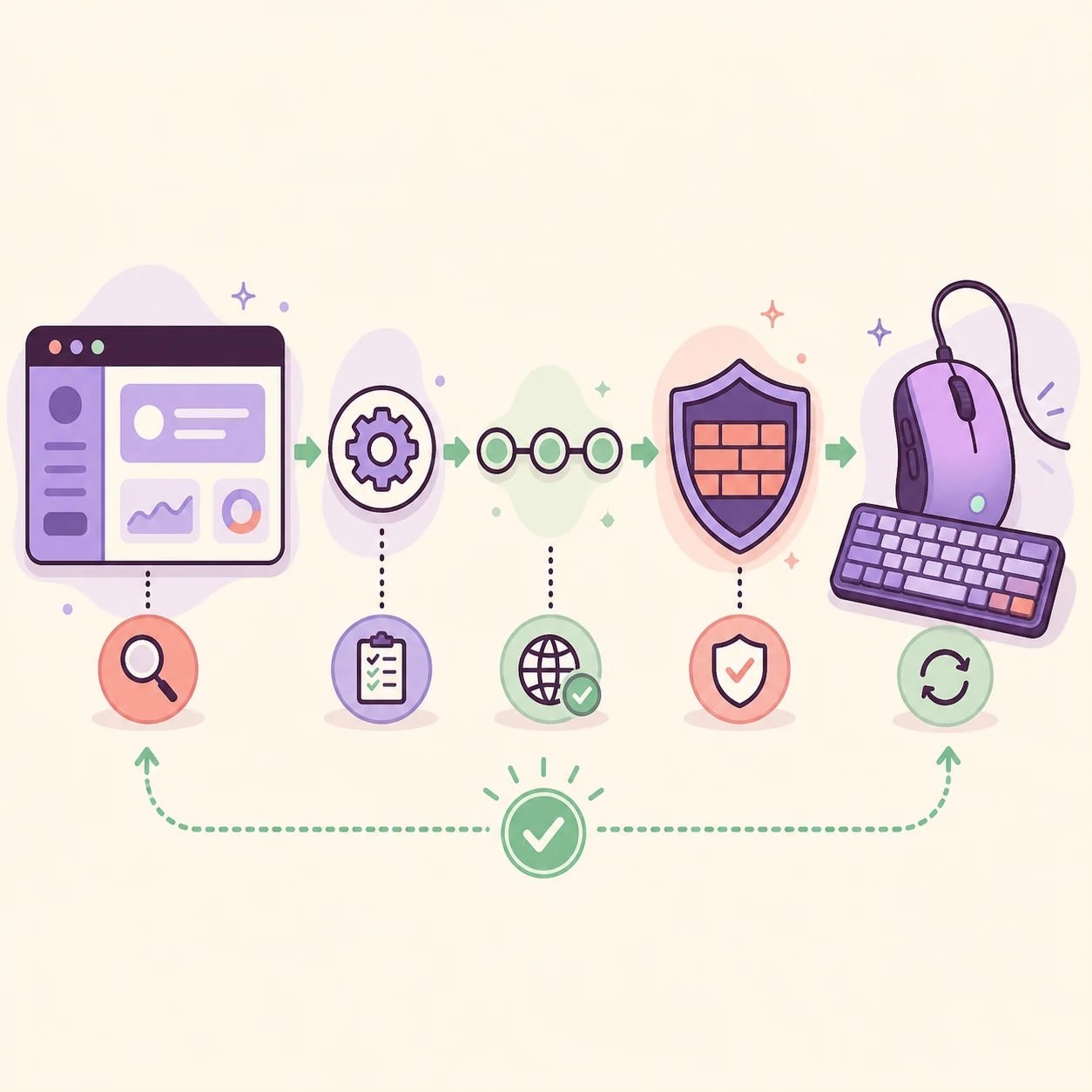Redaktionelle Ablaufillustration zum Prüfen von Synapse-Dienst, Netzwerk, Firewall und verbundenem Gerät