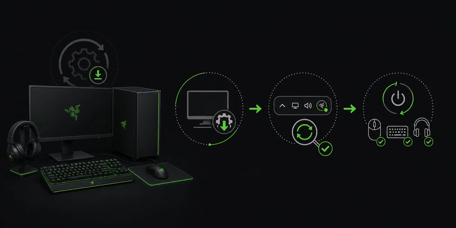 Ilustração do fluxo de atualização do Razer Synapse com verificação e reinicialização