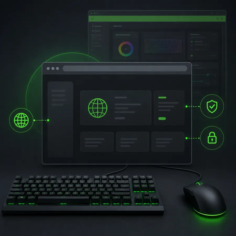 Editorial illustration of browser-based device controls beside a gaming keyboard and mouse